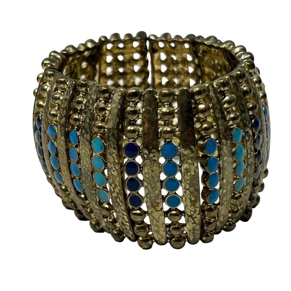 Gold Tone Bracelet Teal Blue Stones Stretch Wide Cleopatra Bangle